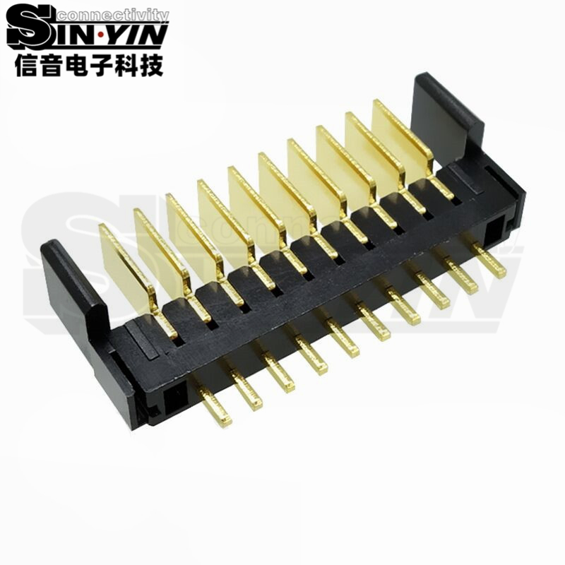信音达SYCAM01P10AM5 10Pin插件锂电公座｜PA9T尼龙镀金·额定5A/瞬时8A·25.65×5.5×10.1mm标准DIP封装·耐260℃波峰焊·智能门锁BMS精简接口（双串动力+3路采样+通讯+预留）