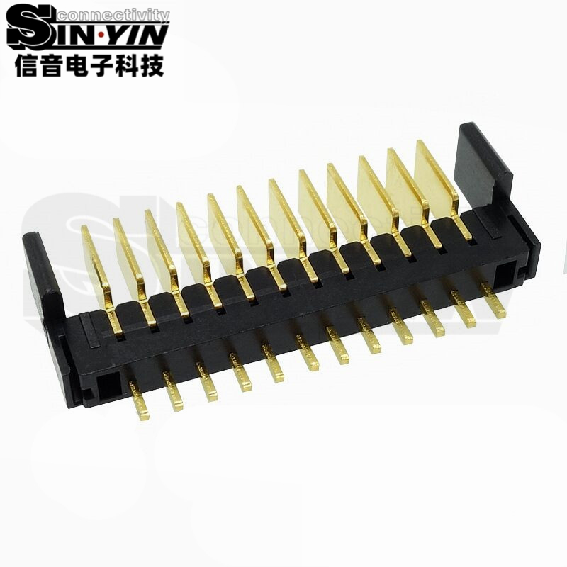 信音达SYCAM01P12AM5 12Pin插件锂电公座｜黄铜镀金·额定5A/瞬时8A·29.65×5.5×10.1mm标准DIP封装·耐260℃波峰焊·智能门锁BMS全功能接口（双串动力+4路采样+通讯+预留）