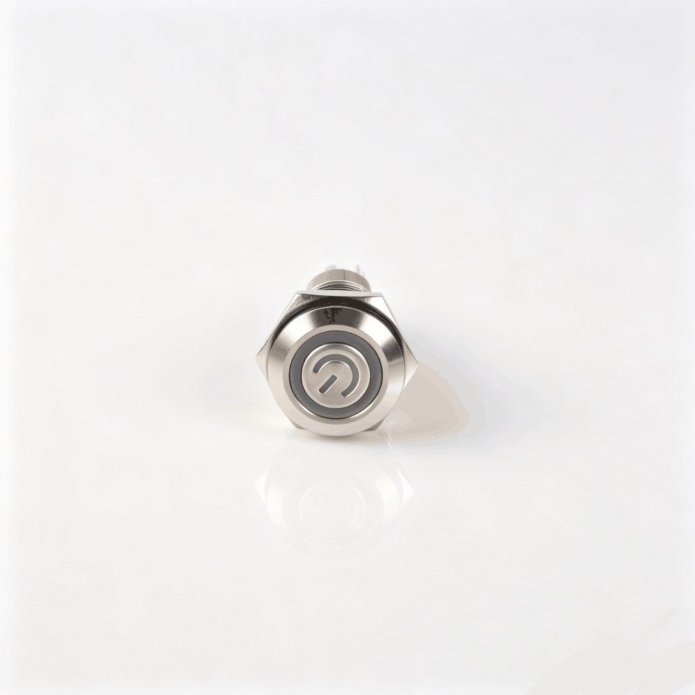 16mm电源标志金属按钮开关（开口16mm/16F平头/单刀双掷1NO1NC/环形+电源符号发光LED/自锁式/防水防爆）