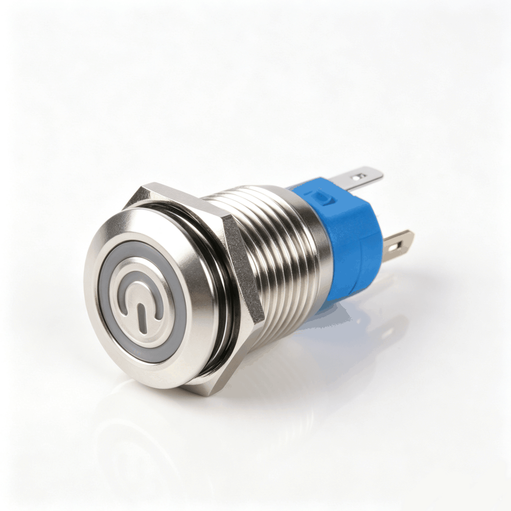 16mm电源标志金属按钮开关（开口16mm/16F平头/单刀双掷1NO1NC/环形+电源符号发光LED/自锁式/防水防爆）-5