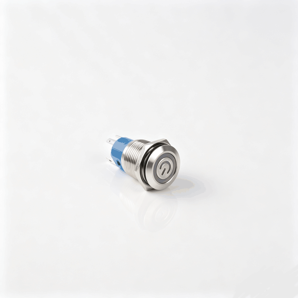 16mm电源标志金属按钮开关（开口16mm/16F平头/单刀双掷1NO1NC/环形+电源符号发光LED/自锁式/防水防爆）-2