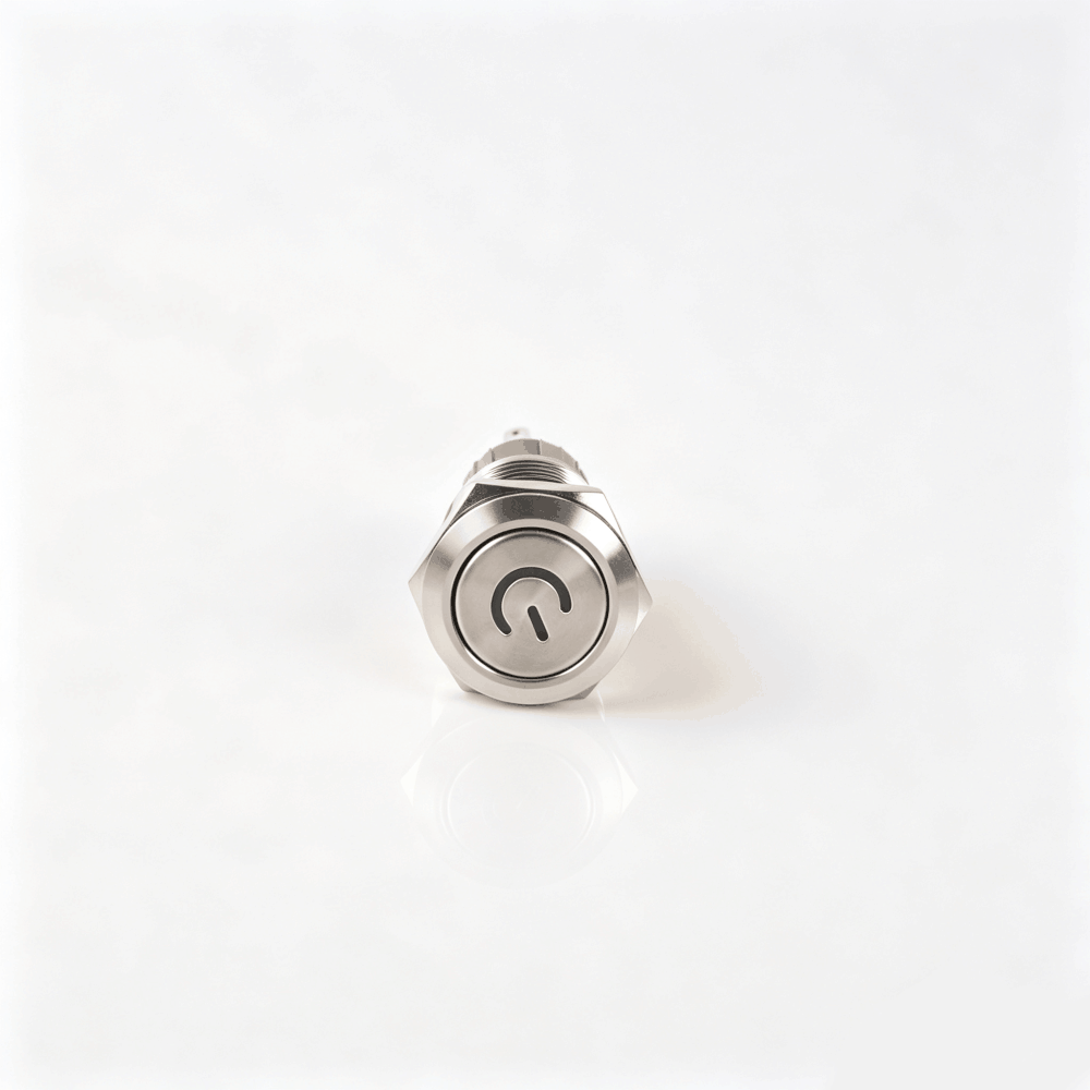 19mm电源标志金属按钮开关（开口19mm/19C平头/单刀双掷1NO1NC/电源符号发光LED/自锁式/防水防爆）