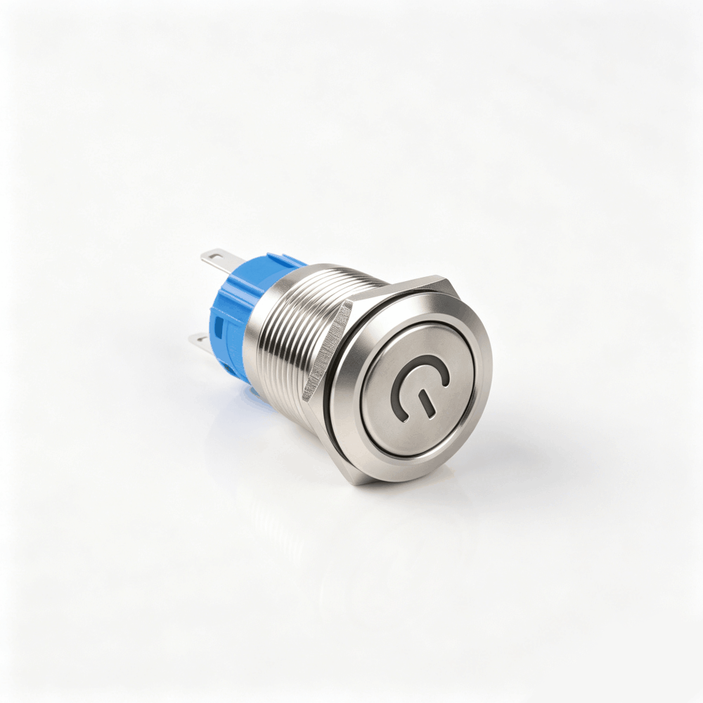 19mm电源标志金属按钮开关（开口19mm/19C平头/单刀双掷1NO1NC/电源符号发光LED/自锁式/防水防爆）-2