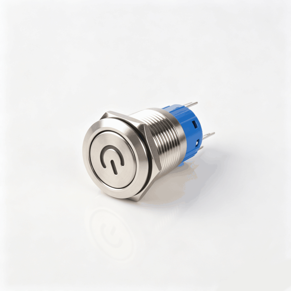 19mm电源标志金属按钮开关（开口19mm/19C平头/单刀双掷1NO1NC/电源符号发光LED/自锁式/防水防爆）-6
