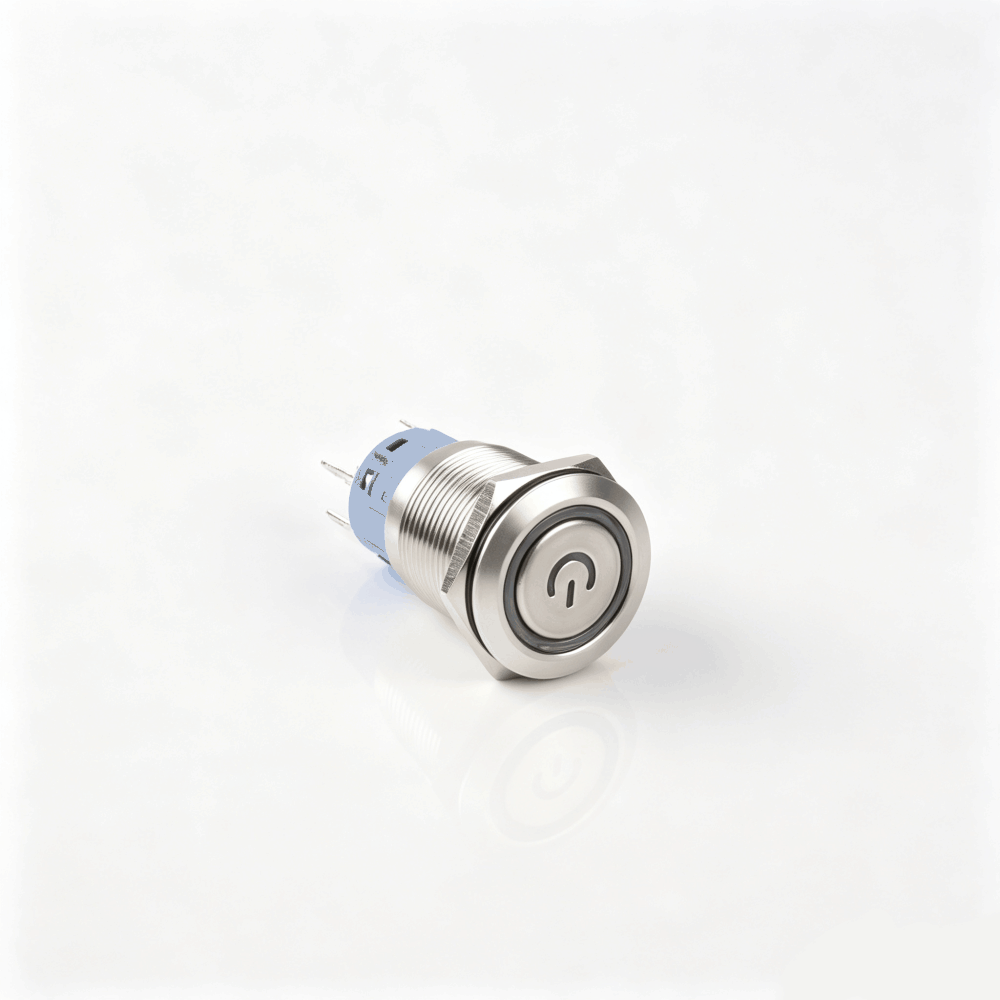19mm电源标志金属按钮开关（开口19mm/19C平头/单刀双掷1NO1NC/环形+电源符号发光LED/自锁式/防水防爆）