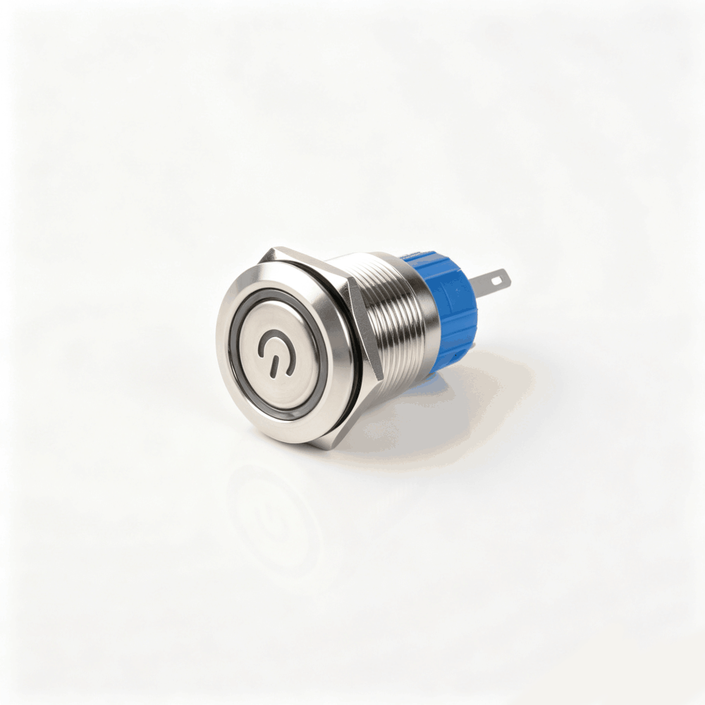19mm电源标志金属按钮开关（开口19mm/19C平头/单刀双掷1NO1NC/环形+电源符号发光LED/自锁式/防水防爆）-6