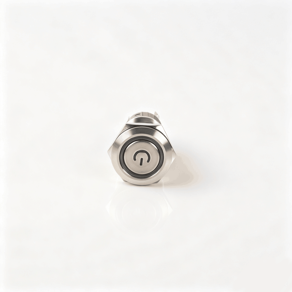 19mm电源标志金属按钮开关（开口19mm/19C平头/单刀双掷1NO1NC/环形+电源符号发光LED/自锁式/防水防爆）