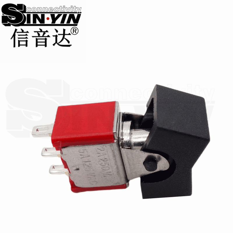 微型钮子开关（单排3脚直脚带孔/焊片端子/带黑色船型帽/两档ON-ON/SPDT单极双掷）