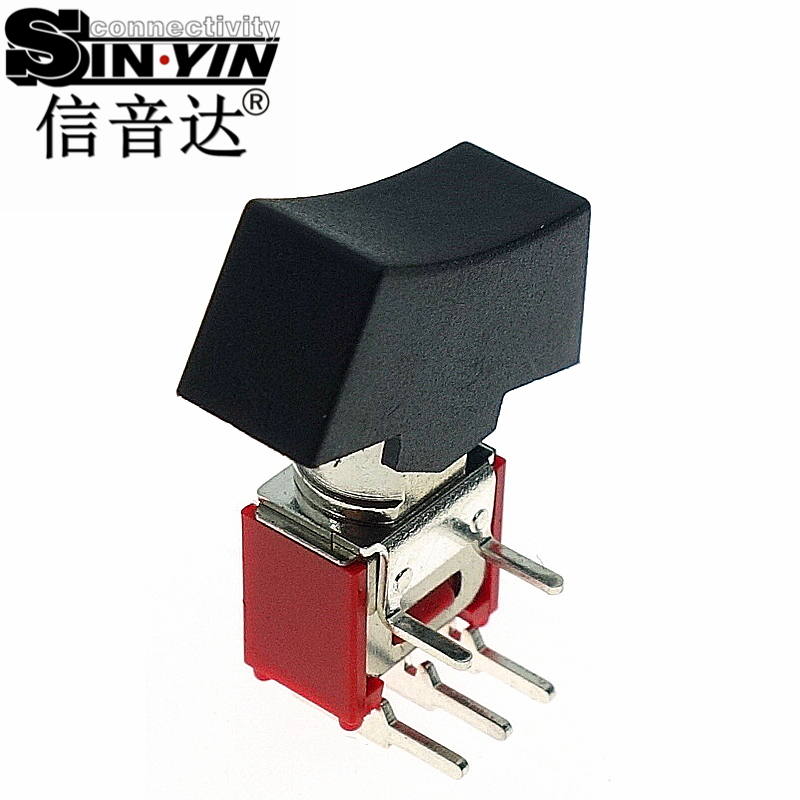 微型钮子开关（单排3脚弯脚/90度侧插/带黑色船型帽/带下置固定弯脚/两档ON-ON/SPDT单极双掷）