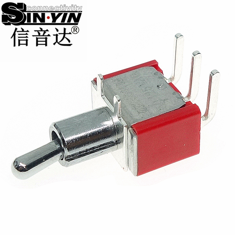 微型钮子开关（单排3脚弯脚/90度侧插/带板载固定脚/两档ON-ON/圆柄/SPDT单极双掷）