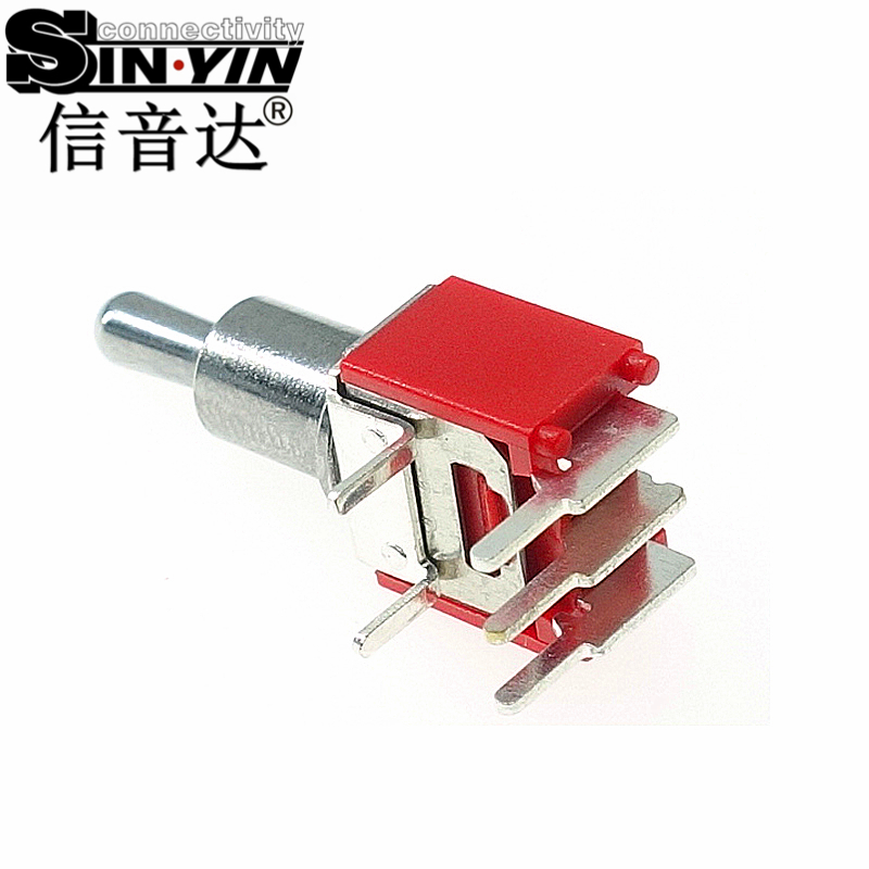 微型钮子开关（单排3脚弯脚/90度侧插/带金属固定支架/两档ON-ON/圆柄/SPDT单极双掷）