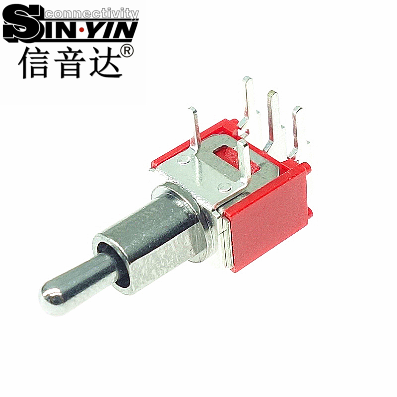微型钮子开关（单排3脚弯脚/90度侧插/带金属固定支架/两档ON-ON/圆柄/SPDT单极双掷）