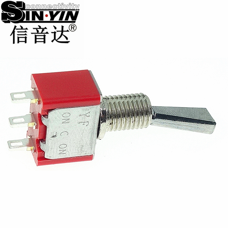 微型钮子开关（单排3脚直脚带孔/两档ON-ON/方柄扁柄/带螺纹套管/SPDT单极双掷/焊接端子）