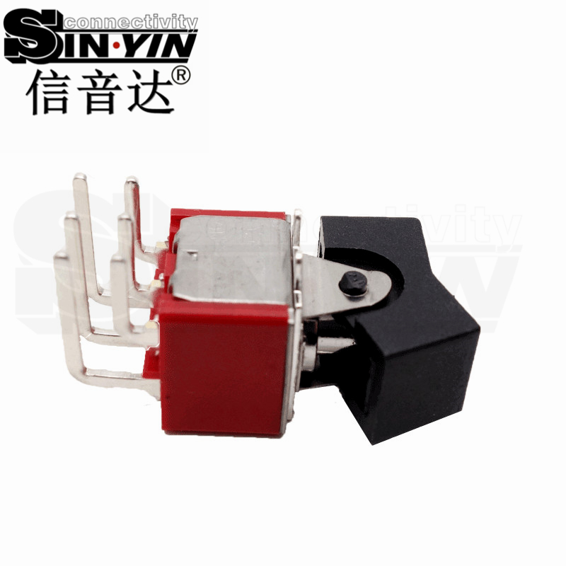 微型钮子开关（双排6脚弯脚/两档ON-ON/带按帽/带上固定脚耳卡/DPDT双极双掷/卧式PCB插针）