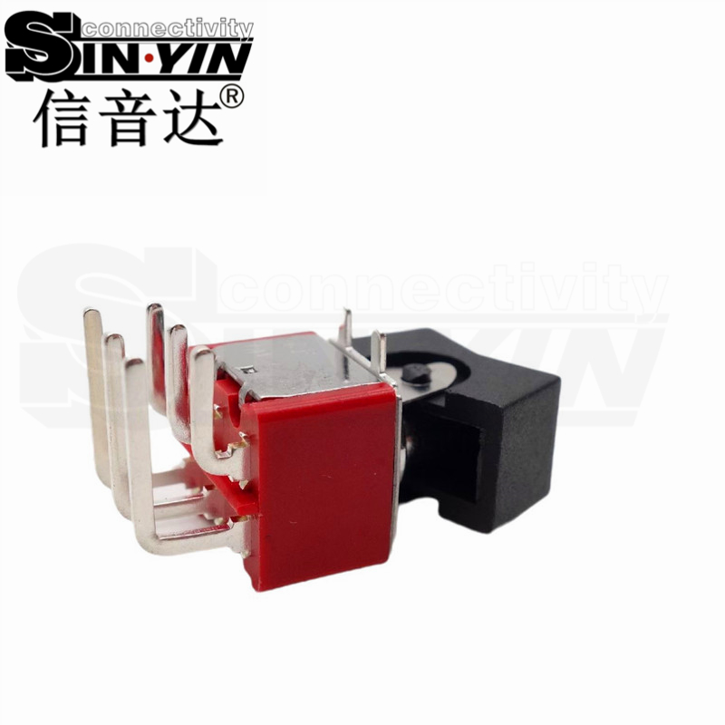 微型钮子开关（双排6脚弯脚/两档ON-ON/带按帽/带上固定脚耳卡/DPDT双极双掷/卧式PCB插针）