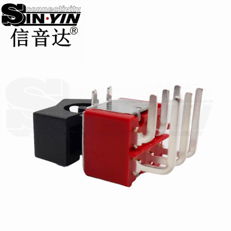 微型钮子开关（双排6脚弯脚/两档ON-ON/带按帽/带上固定脚耳卡/DPDT双极双掷/卧式PCB插针）-3