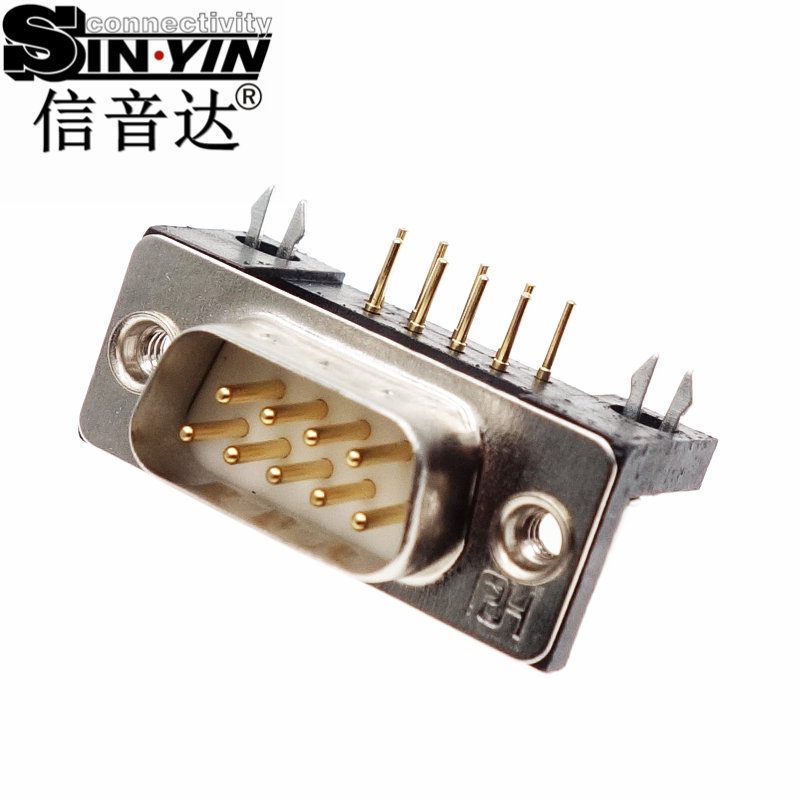 SYCDB9MR4 9Pin 90度弯脚DB9公座连接器（全镀金实心针/PCB板端卧式/带鱼叉脚固定/RS232 RS485串口插座/D-SUB/免费打样）