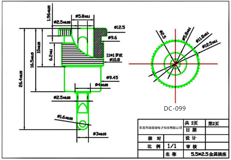 DC-099金属DC电源插座｜5.5×2.5接口、螺纹面板固定-5