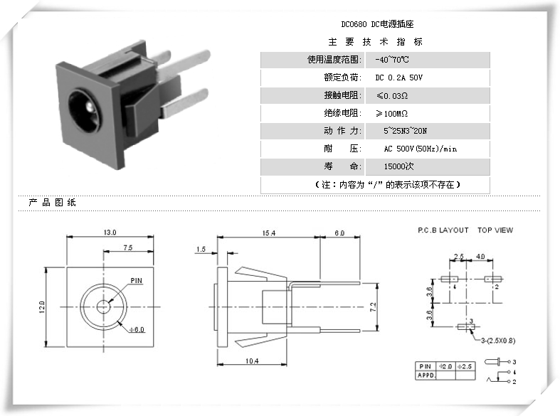 DC-068长端子电源插座｜13×12mm前框、后部连接布局