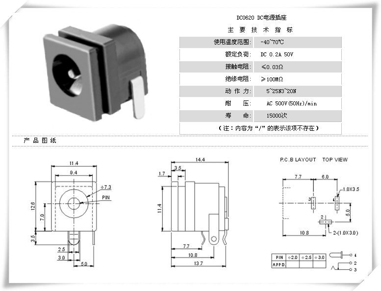 DC-062方形前框电源插座｜11.4mm宽、中心针多规格