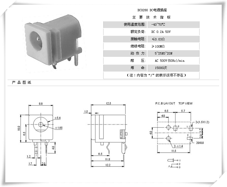 DC-028卧式电源插座｜8.8mm宽、φ1.65mm中心针