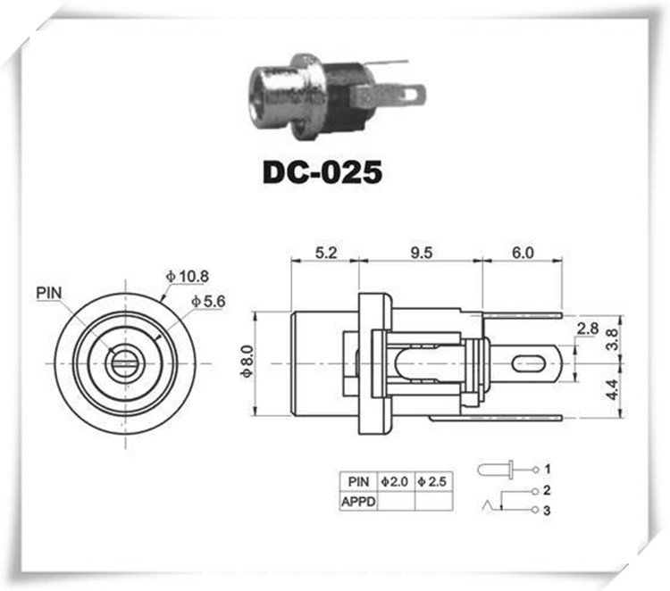 DC-025M DC电源插座 面板安装｜设备面板电源输入接口