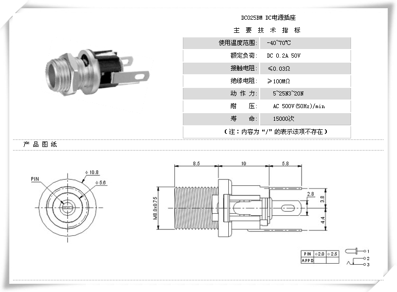 DC-025BM金属螺纹电源插座｜M8×0.75面板安装