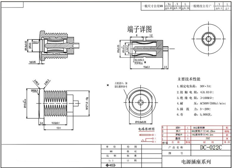 DC-022C螺纹面板DC插座｜M12×1.0固定、30V 3A-8
