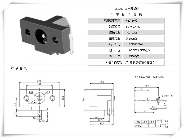 DC-020双孔前框电源插座｜23mm宽、向下出脚布局-3
