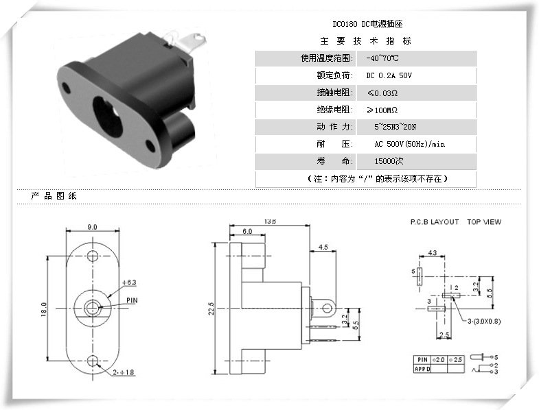 DC-018双孔法兰电源插座｜18mm孔距与后伸端子-3