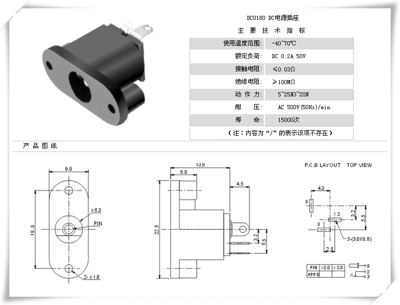 DC-018双孔法兰电源插座｜18mm孔距与后伸端子