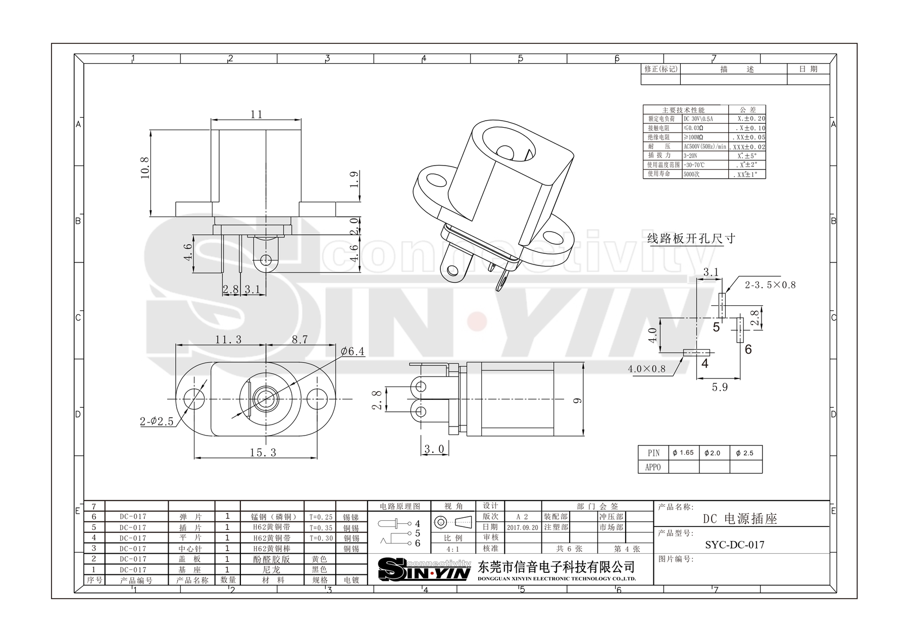 DC-017双孔固定DC电源插座｜15.3mm安装孔距