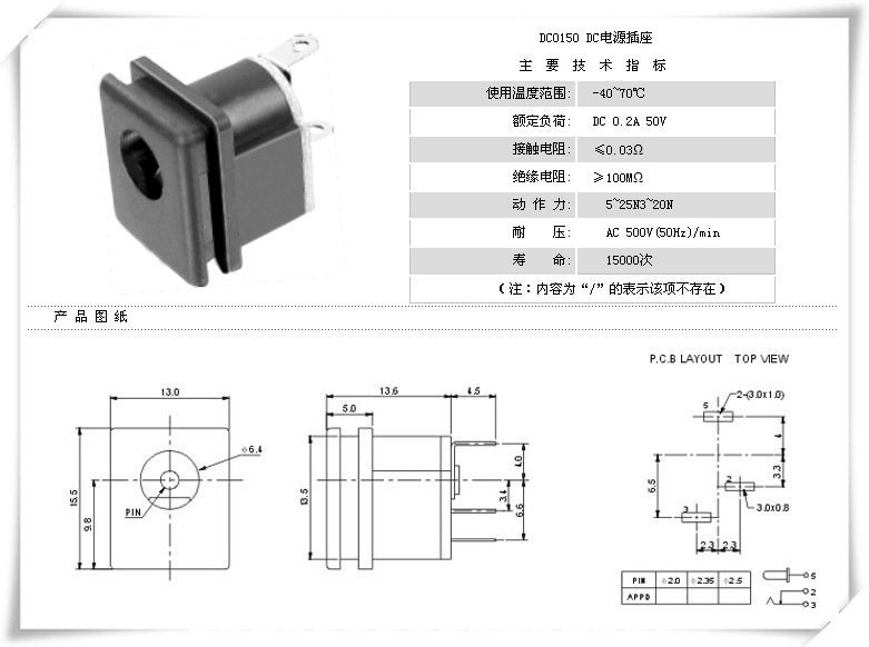 DC-015面板式DC电源插座｜13×15.5mm凸缘、后出端子-9